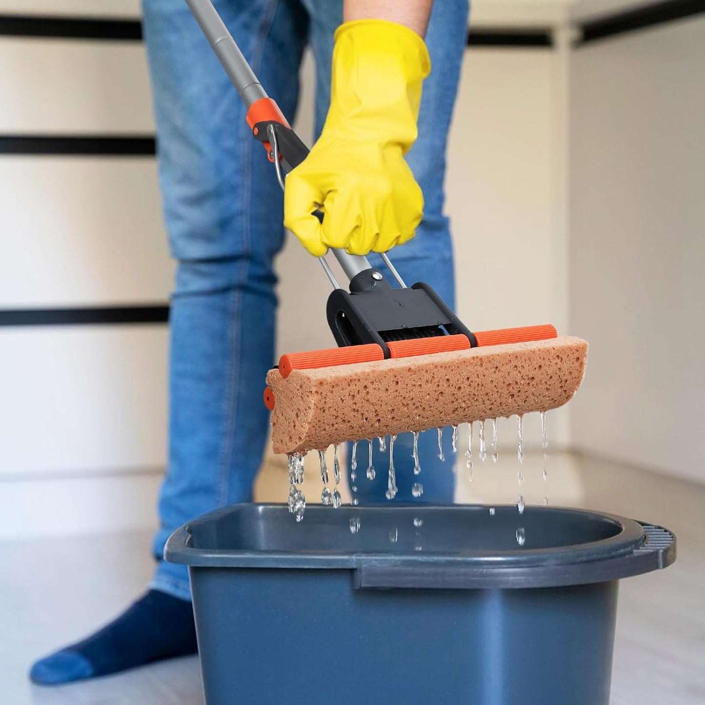 Sponge Mops for Floor Cleaning with 2 Cellulose Mop Head Refills and 55” Long Handle, Heavy Duty Roller Mop, Easy Self Squeeze for Hard Wood Tile Concrete Bathroom or Kitchen Floor Wall Ceiling