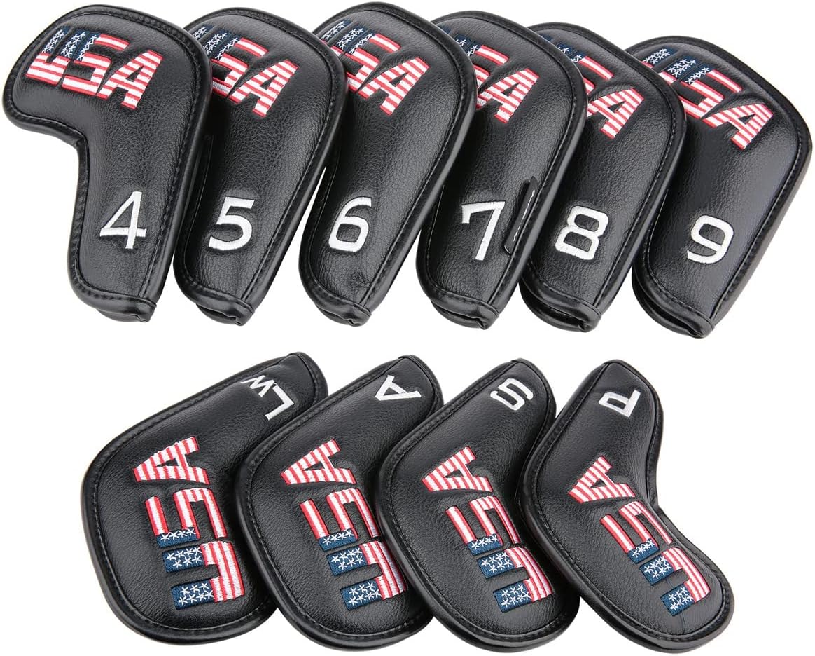 Golf Builder Black Leather USA Golf Club Iron Wedge Head Covers Fit All Brands