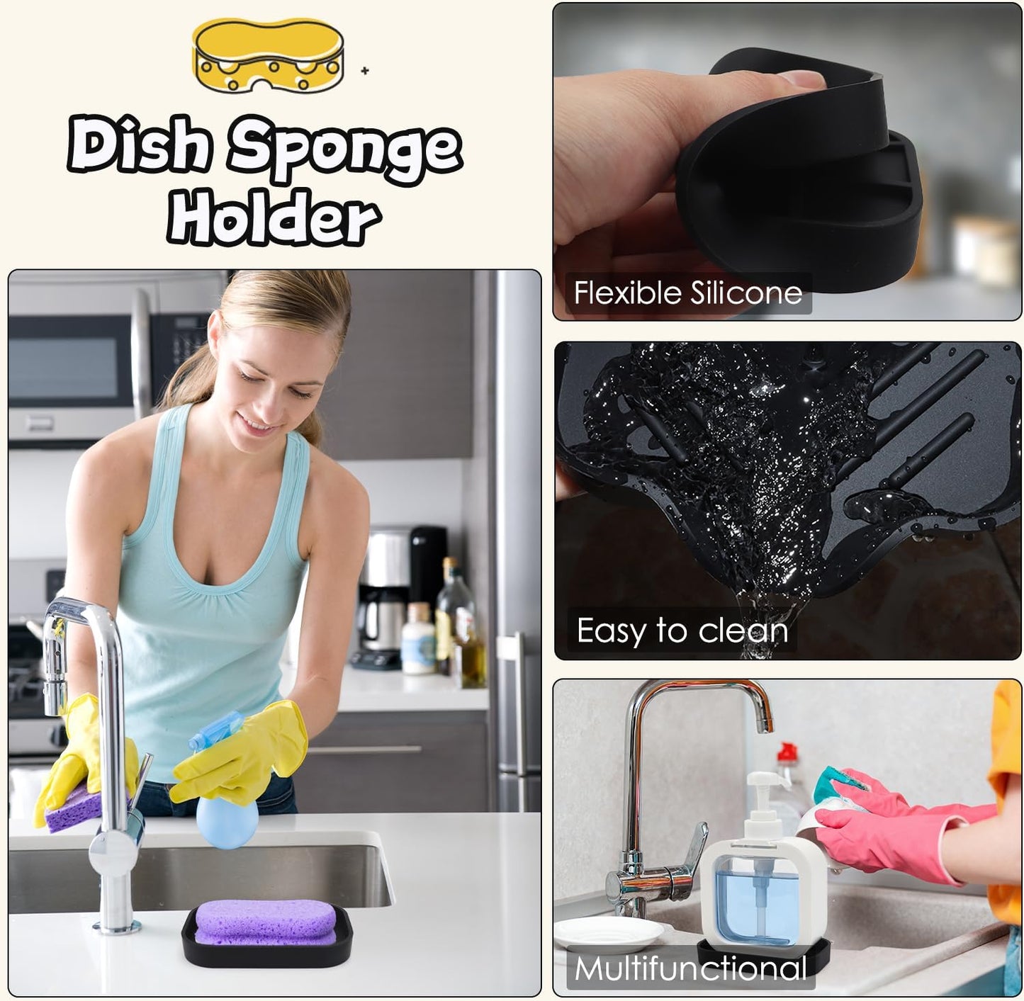 Yasmen Silicone Bathroom Soap Dishes, Sink Sponge Holder for Kitchen, 2Pcs Rubber Soap Dish with Drain, Shower Soap Sponge Tray, Sink or Counter Organizer for Bar Soap, Dish Soap Dispenser-Black/White