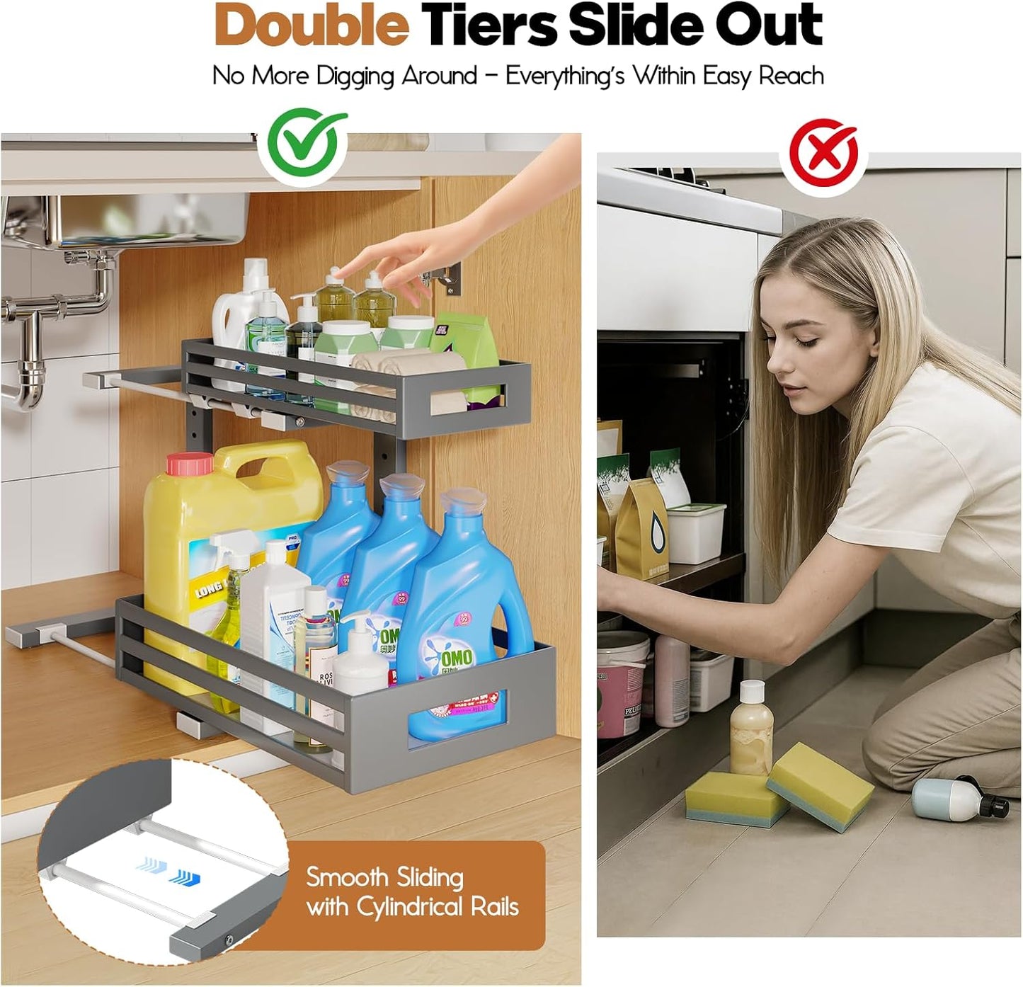 1-Pack Under Sink Organizers and Storage,2-Tier L Shape Pull Out Cabinet Organizer With Round Tube Slide Rails,Hight Adjustable Slide Out Drawers for Kitchen&Bathroom,Multi-Purpose Storage Shelf-Gray