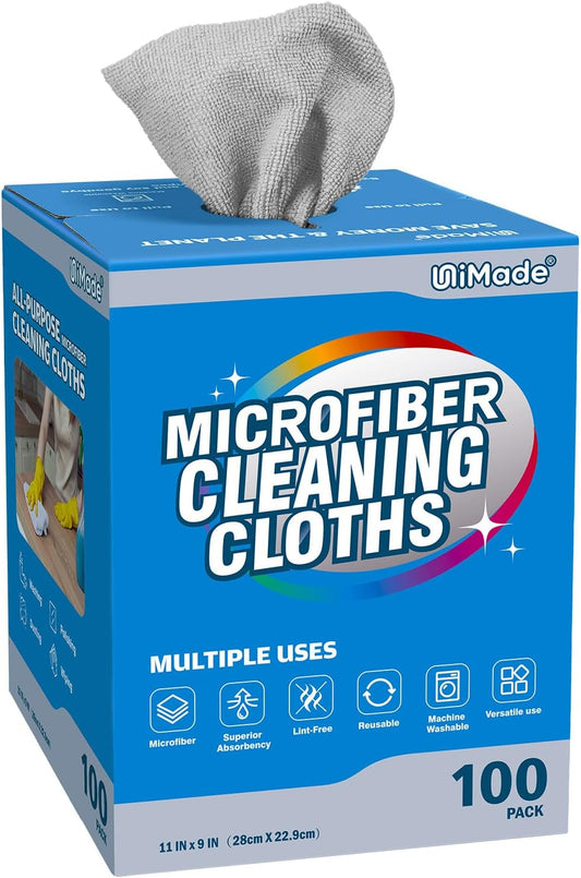 Microfiber Cleaning Cloth, 100 Sheets Microfiber Towels for Cars Commercial Grade Washcloths Lint-Free Bulk Shop Towel Cleaning Rags for Mechanic Restaurant Garage Housekeeping, 11"x 9", Grey