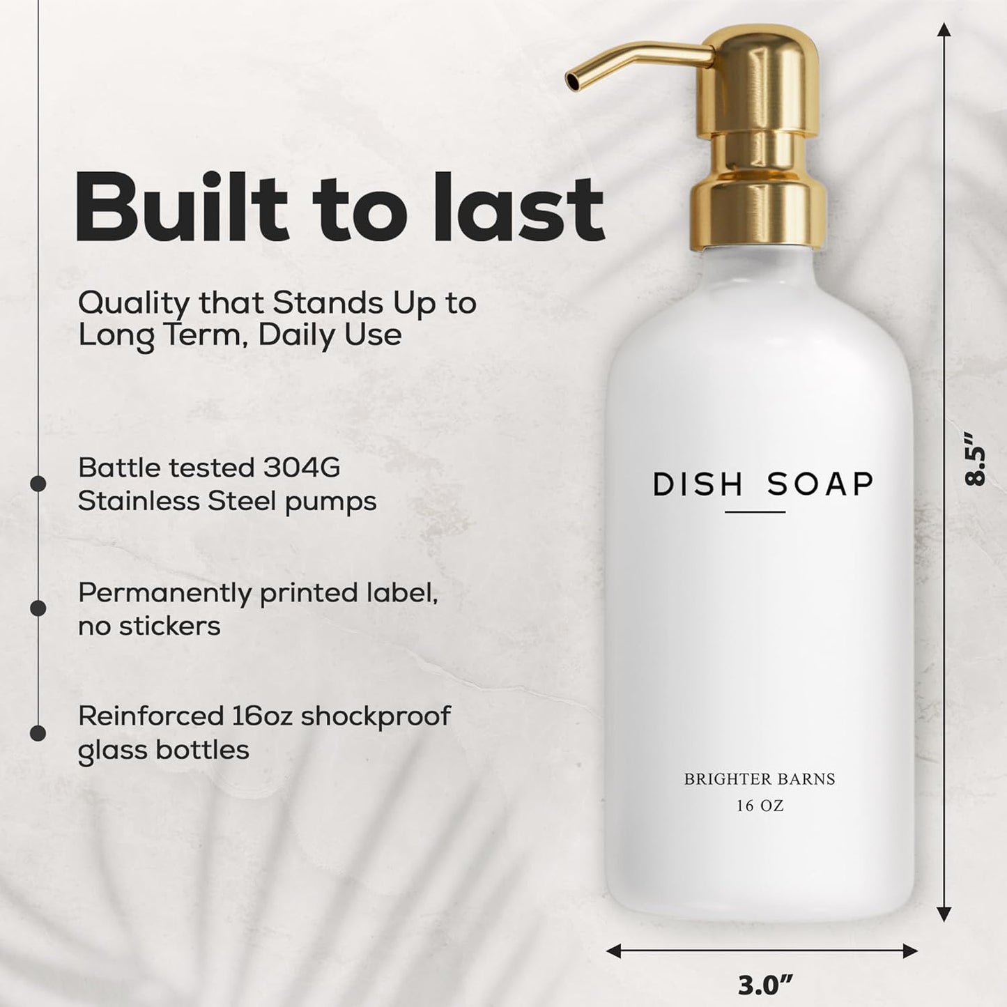 Luxury Glass Hand and Dish Soap Dispenser Set by Brighter Barns - Kitchen Soap Dispenser Set & Stainless Steel Pump - Glass Bottle for Sink - White and Gold Kitchen Accessories for Airbnb, Gift (Gold)