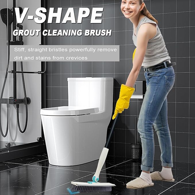 Grout Brush with Long Handle V Shape Floor Scrub Brush Stiff Bristle Grout Scrubber for Cleaning Bathroom Garage Kitchen Wall Tub Tile (1, White)