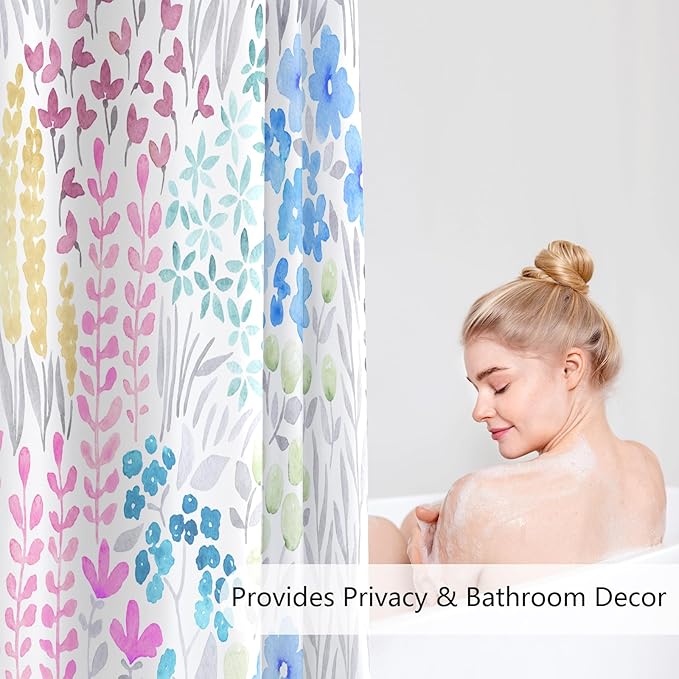 Blue Floral Shower Curtain, Pink Yellow Boho Flower Fabric Shower Curtains, Cute Funky Watercolor Wildflower Shower Curtain Set, Cottagecore Bohemian Bathroom Decor, 72x72