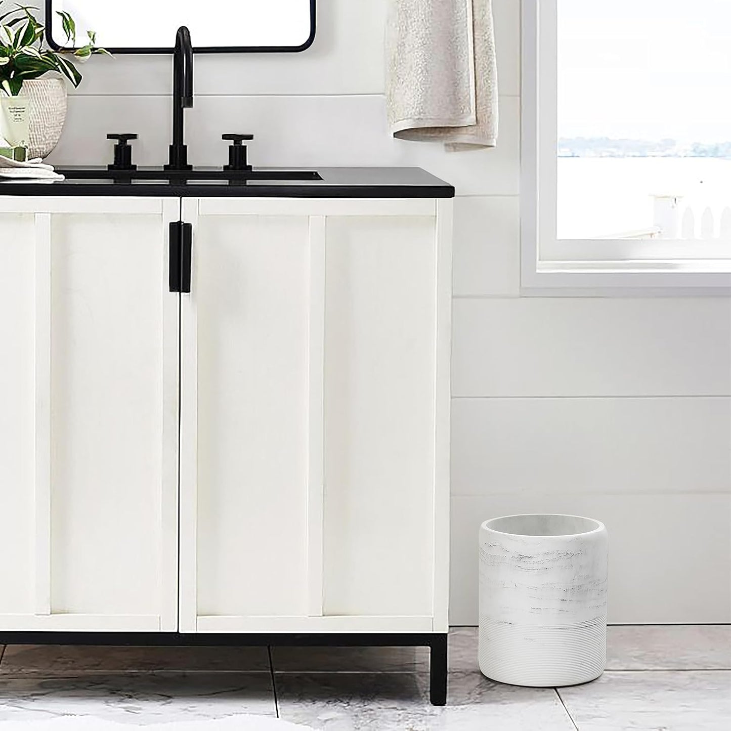 Bathroom Trash Can - Decorative Wastebasket Finished in Resin, Beautiful Marble Look, Modern Round Waste Basket for Bathroom, Powder Room Or Living (Marble Style), white