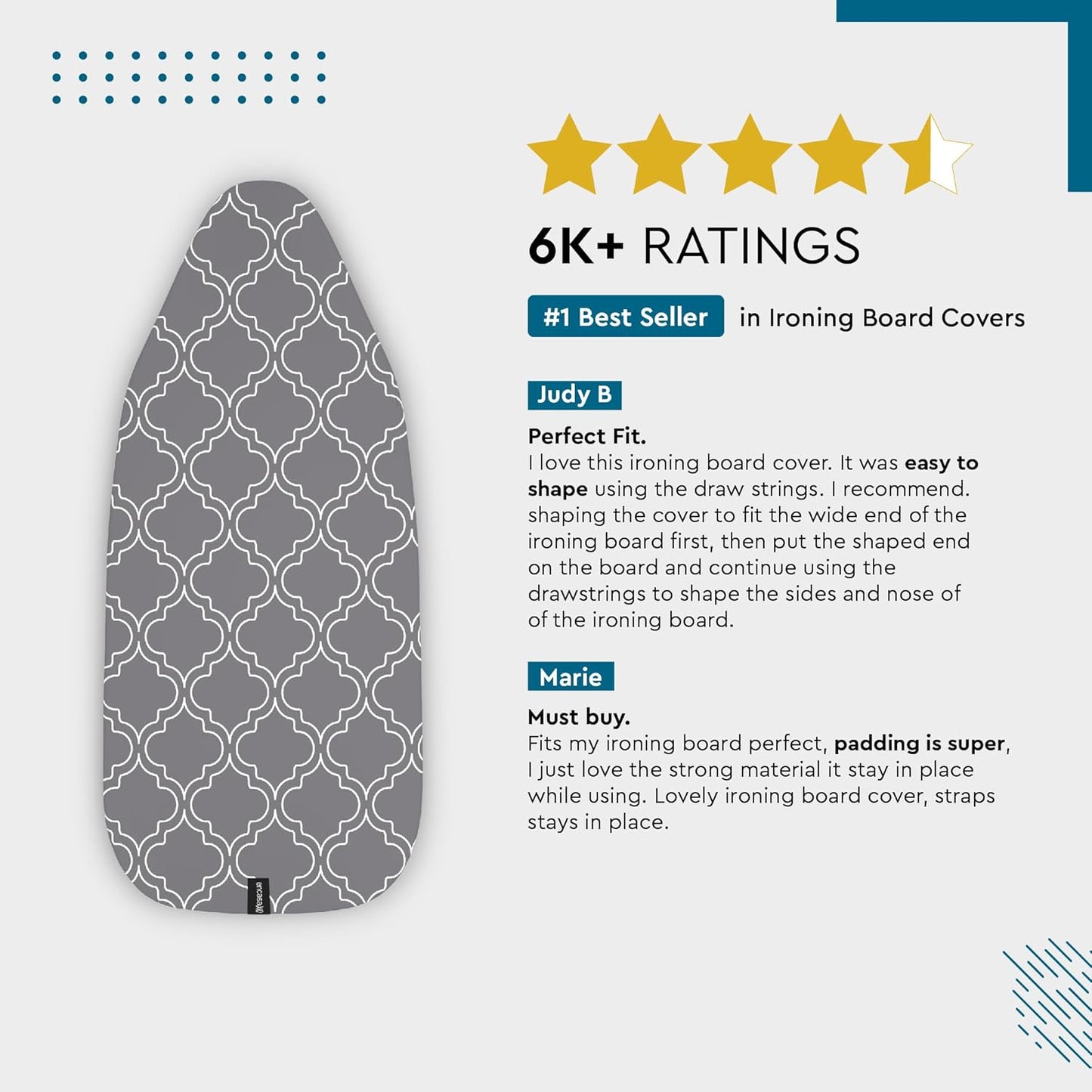 Encasa XO Ironing Board Cover and Pad 42"x14" - Thick 3mm Felt Padding, Drawstring Tightening & Lock, Easy Fit, Scorch & Stain Resistant, Fits Medium Ironing Board - Blue Moon