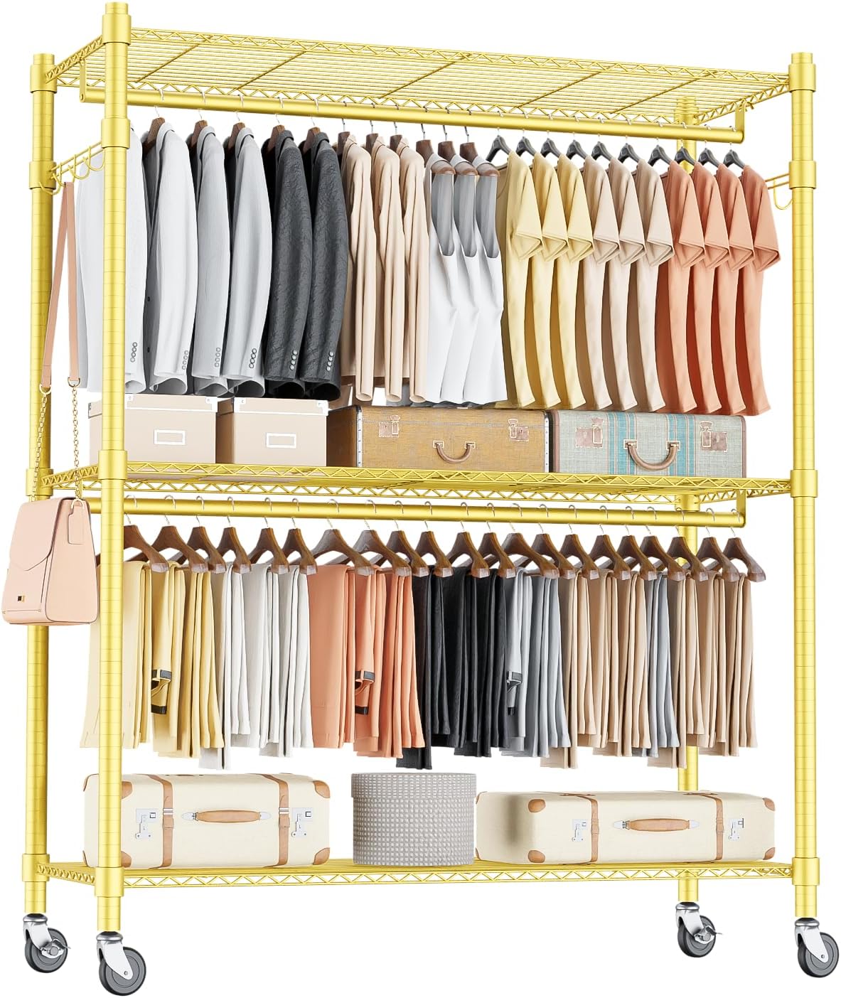 Homdox Gold Heavy Duty Clothes Rack with Wheels, 3-Tier Rolling Metal Garment Organizer with Double Hanging Rods & Hooks, Freestanding Portable Closet, 17.72" D x 47.24" W x 80.71" H