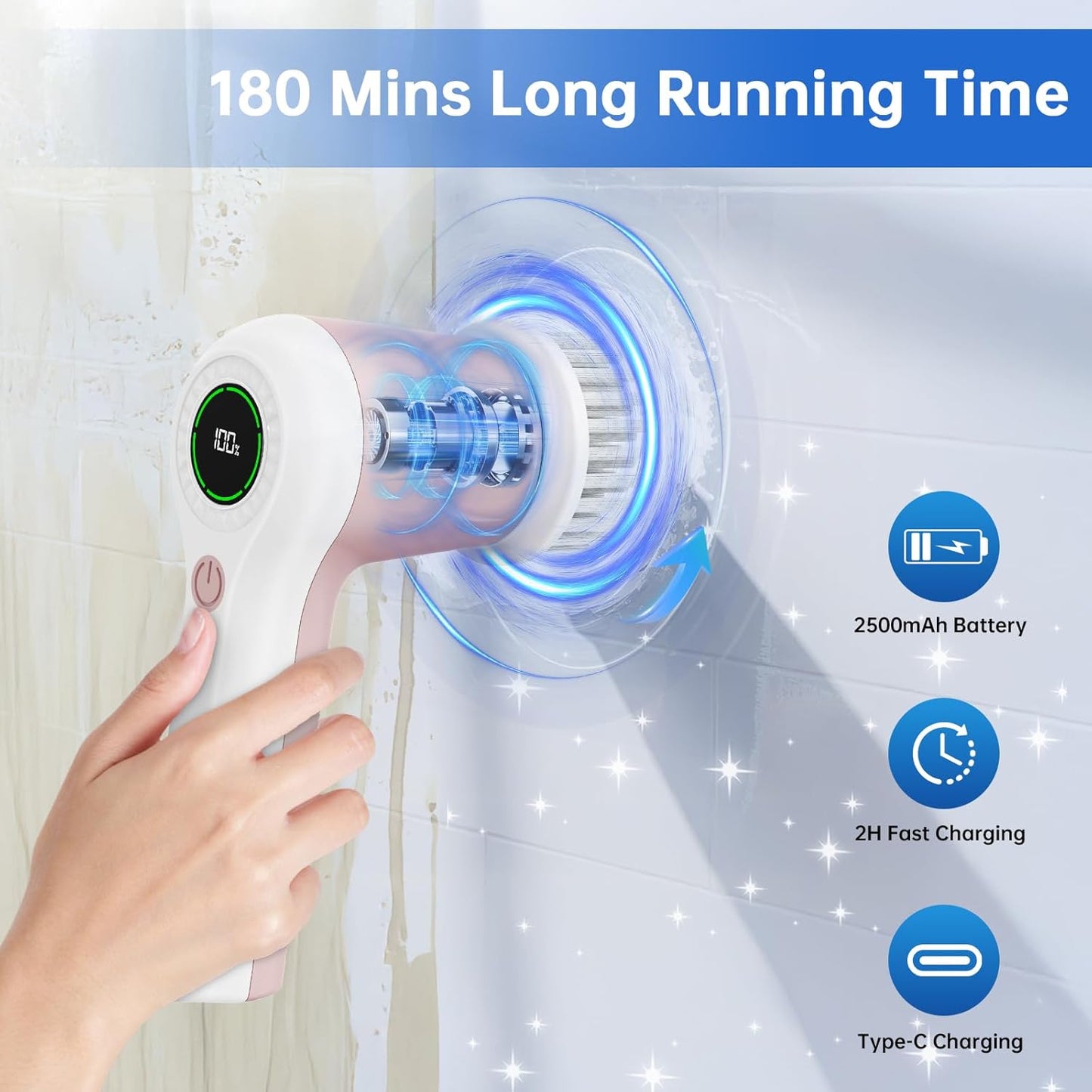 Electric Spin Scrubber, Cordless Shower Scrubber with Battery Level Display, 2 Speeds Electric Scrubber for Cleaning with 6 Replaceable Heads, Cleaning Brush for Bathroom/Sink/Window (Pink)