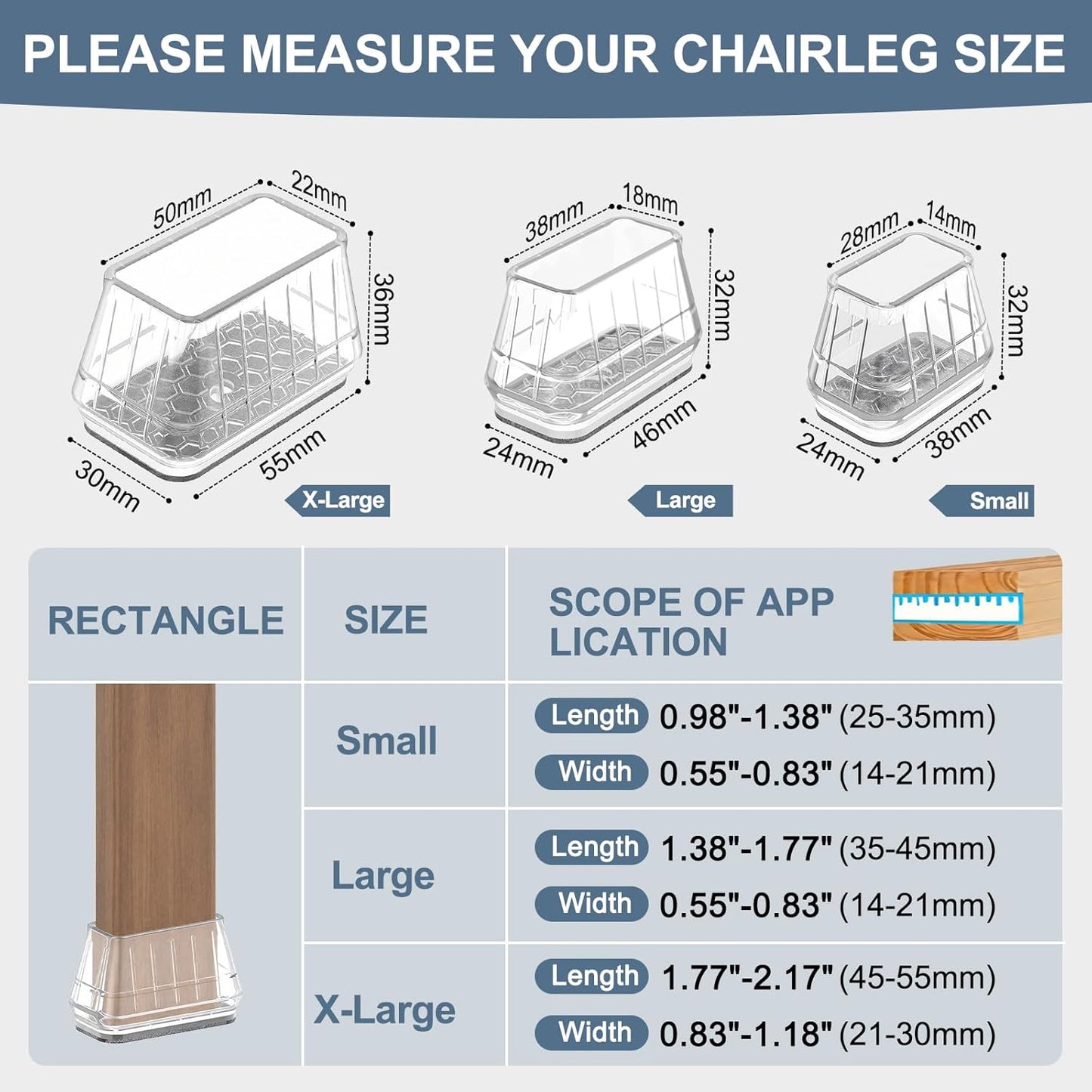 24PCS Rectangular Chair Leg Floor Protectors for Hardwood Floors, Thicken Rubber Chair Leg Cap Covers, Non Slip Furniture Leg Pads to Protect Wood Tile Floors from Scratches and Reduce Noise