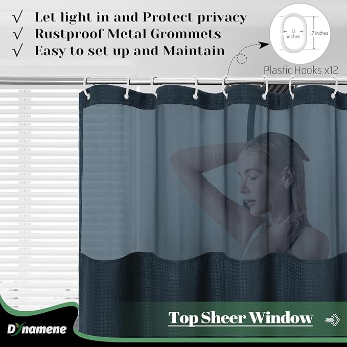 Dynamene Fabric Shower Curtain with Snap in Liner, Navy Blue Waffle Hotel Shower Curtains for Bathroom, Washable Waterproof Cloth Shower Curtain Liner Set with Plastic Hooks, Mesh Top Window, 72x72