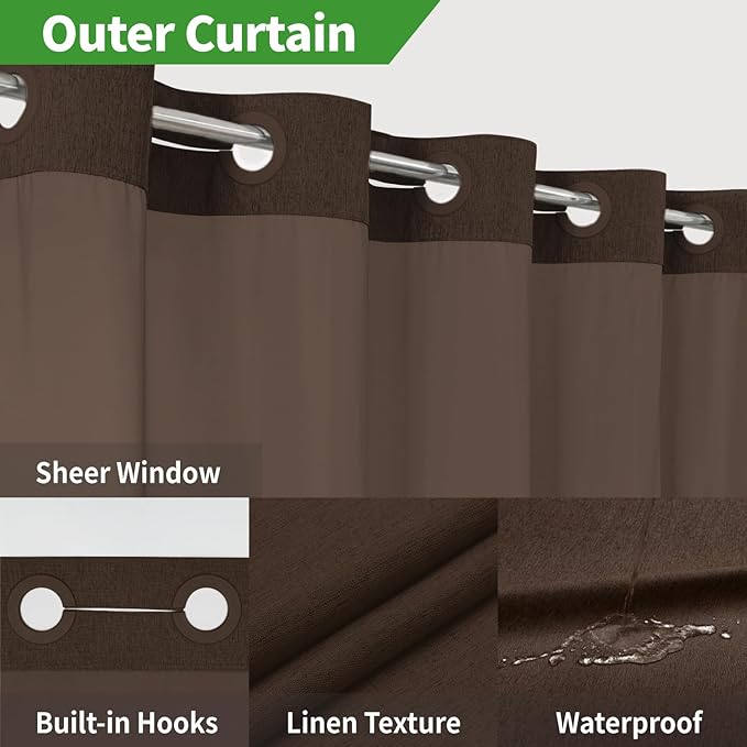 Extra Long No Hooks Needed Linen Textured Shower Curtain with Snap-in Fabric Liner Set,White Hotel Luxury Decor Shower Curtains for Bathroom,Waterproof & Washable,71Wx86H,Brown