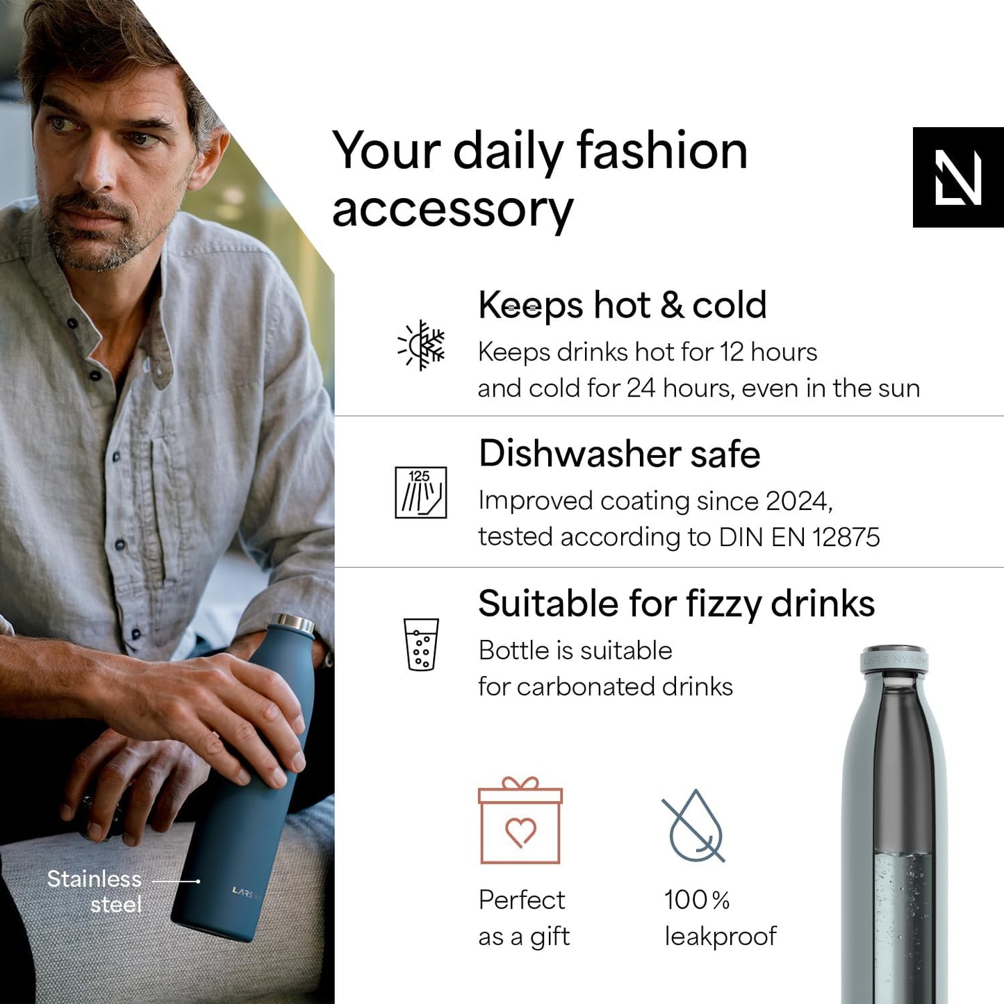 LARS NYSØM Stainless Steel Insulated Water Bottle 12oz 17oz 25oz 34oz 51oz | Insulated Thermo Flask for Hot and Cold Beverages | Leakproof Drinking Bottle (Sky Blue, 17oz)