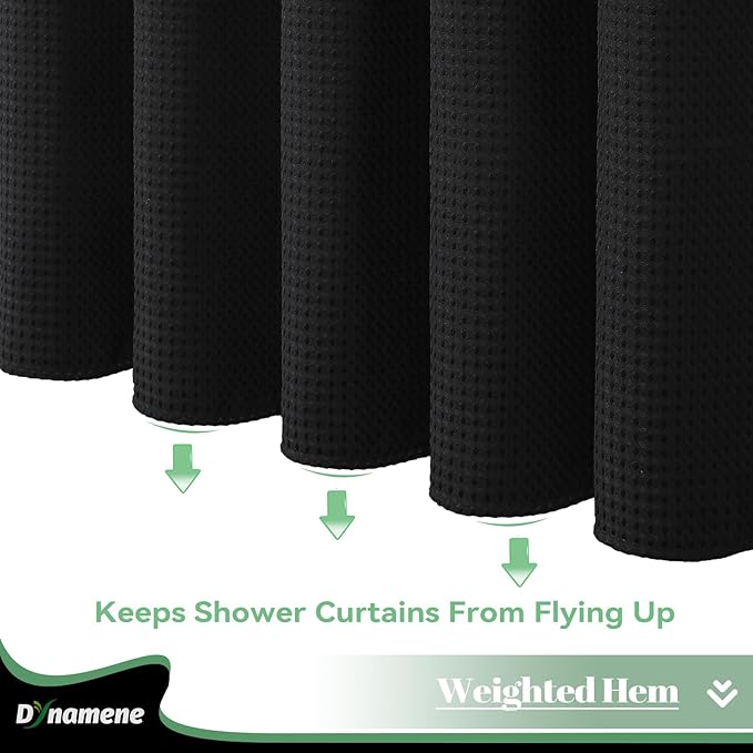 Dynamene 78 Inch Long Shower Curtain, Tall Waffle Fabric Shower Curtains for Bathroom, Hotel Waterproof Cloth Shower Curtain Liner Set with Hooks, Snap in Liner, Mesh Top Window, Black, 72x78