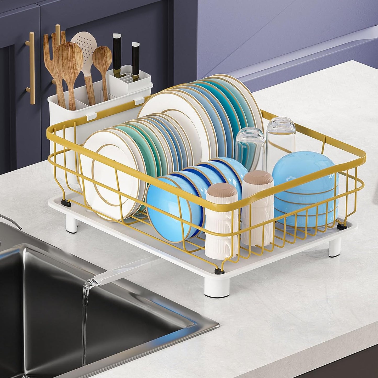 Iron Dish Drying Rack with Drainboard Dish Drainers for Kitchen Counter Extendable Spout Strainers with Utensil Holder and Knife Slots, Gold