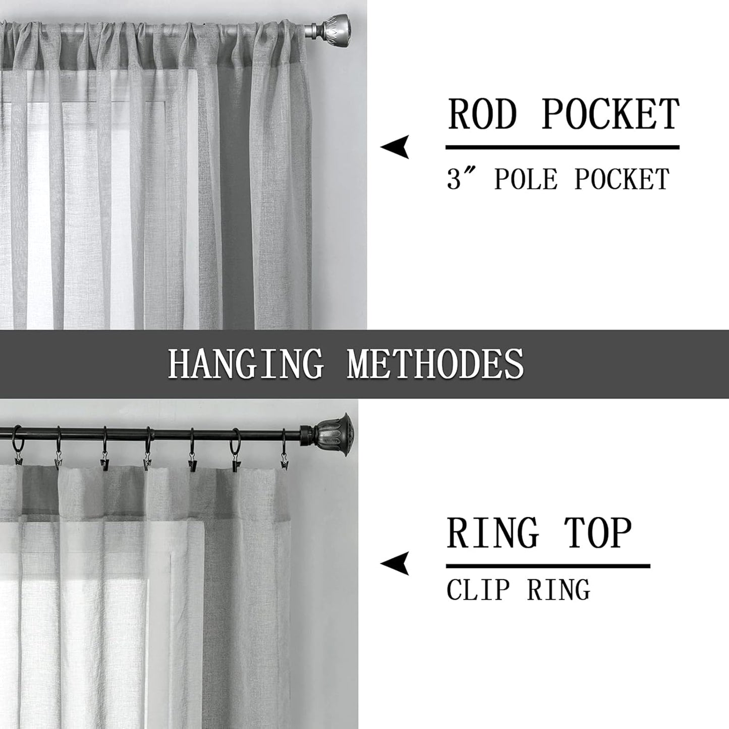 Tollpiz Short Sheer Curtain Living Room Linen Textured Curtains Sheer Light Filtering Voile Rod Pocket Curtain for Bedroom, 38 x 54 inches Long, Silver Grey, Set of 2 Panels