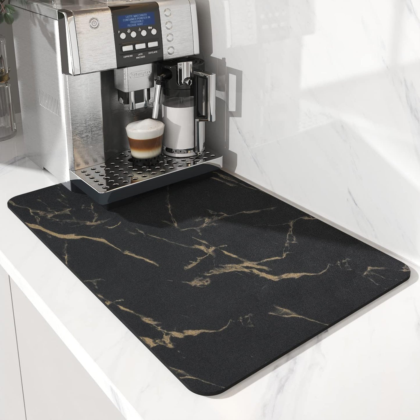 AMOAMI Coffee Mat - Hide Stain Rubber Backed Absorbent Dish Drying Mat for Kitchen Counter - Black & Gold