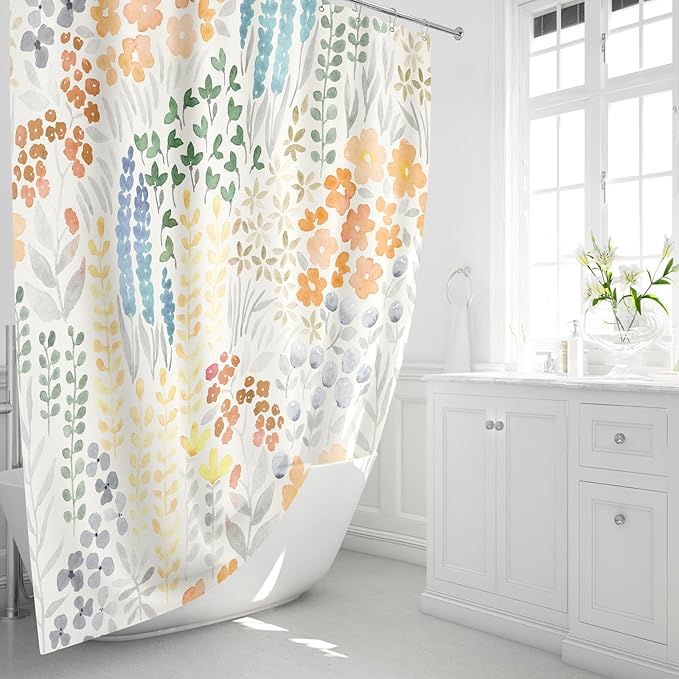 Small Stall Shower Curtain 36 x 72 Inch, Half Narrow Cute Floral Shower Curtain for Bathroom, Orange Wildflower Boho Cottagecore Fabric Shower Curtain Set with Hooks
