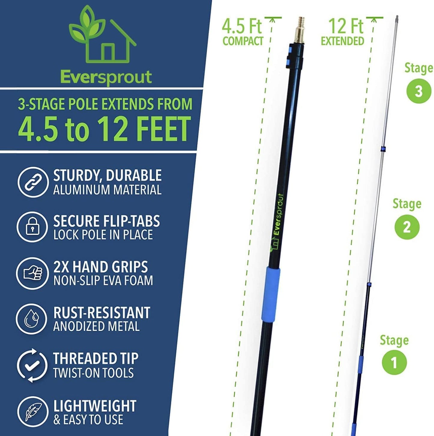 EVERSPROUT 20+ Foot High Reach Flexible Microfiber Ceiling & Fan Duster | Bendable to Clean Any Fan Blade | Removable & Washable Brush Head |5-to-12 Foot 3-Stage Lightweight Aluminum Extension Pole