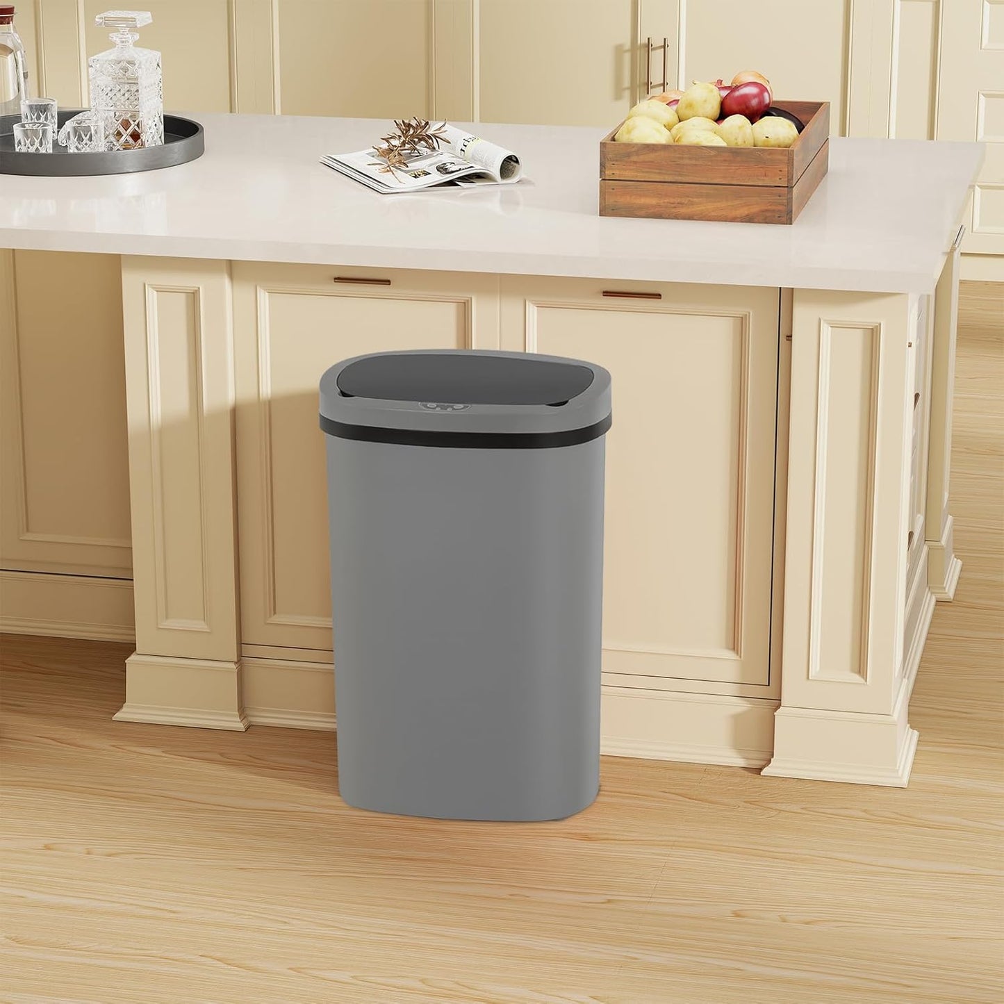 Automatic Motion Sensor Bathroom Trash Can with Lid, 13 Gallon Touchless Trash Bin, Smart Dog Proof Garbage Can, Touch Free Waste Basket for Toilet, Office, Bedroom,Gray