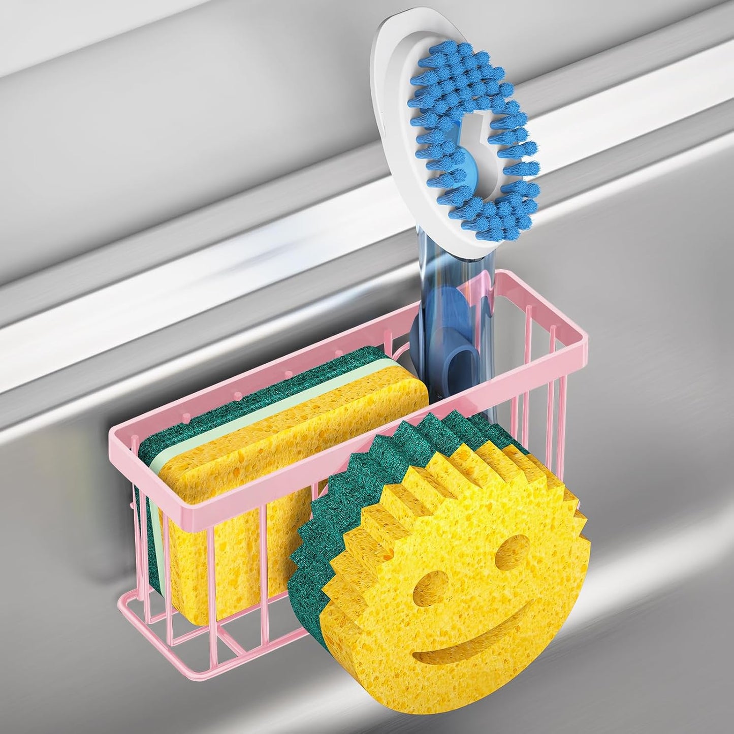 Sponge Holder Smiley Face,Sink Caddy,Sink Organizer with 2 Suction Cups/1 Adhesive Strips,Designed for Sponge,Soap,Dish Brush,Scrubber - Pink