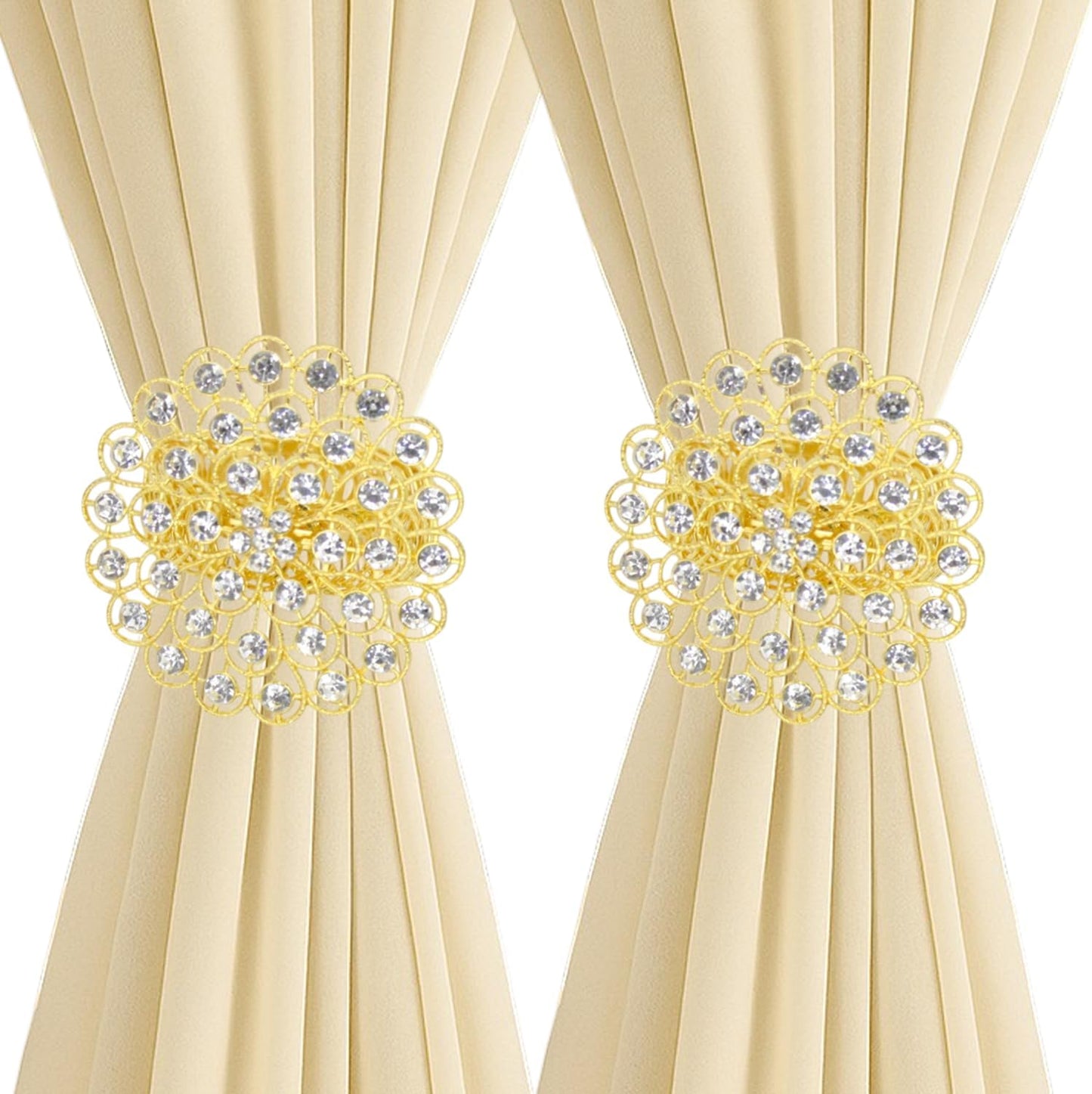 2 Pack Crystal Flower Curtain Tiebacks – Decorative Spring Wire Buckle Clips with Sparkling Rhinestone Flower Design, No Drilling, Easy Fit for Drapes & Sheers