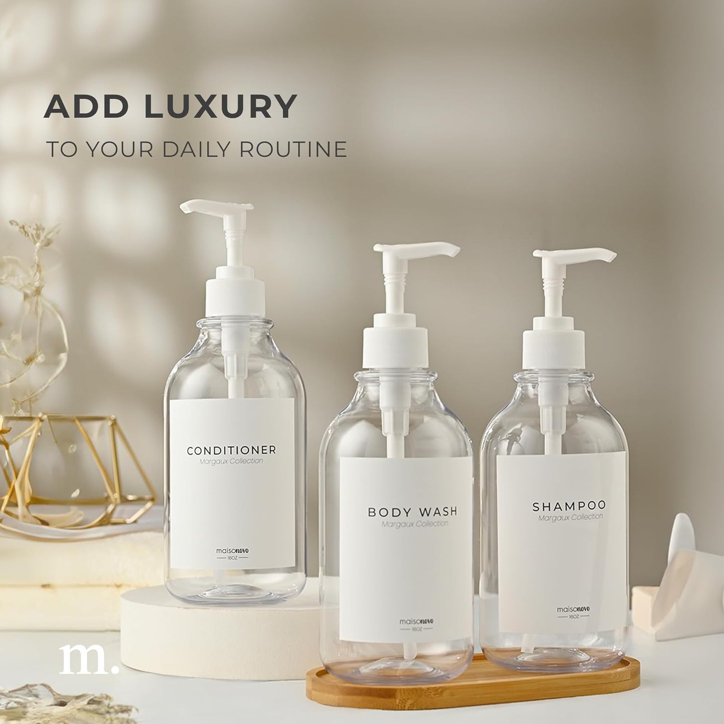 MaisoNovo Refillable Shampoo and Conditioner Bottles | 16.9 fl oz Set of 3 Clear Plastic Bottles White Pumps