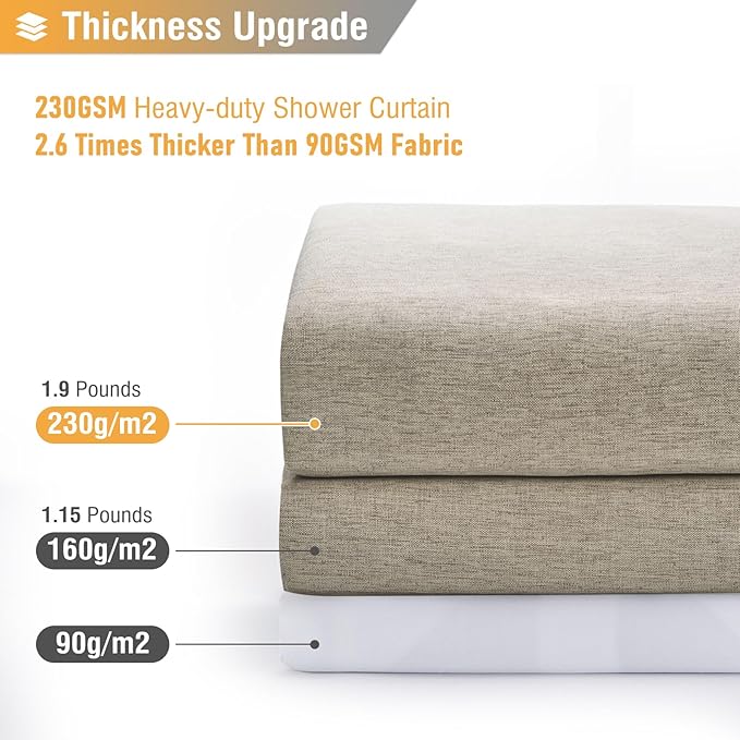 BTTN Fabric Shower Curtain - Linen Textured Weighted Cloth Shower Curtain Set with 12 Plastic Hooks, Hotel Spa Luxury Neutral Decorative Bath Curtains for Bathroom, Machine Washable - 72x72, Khaki/Tan