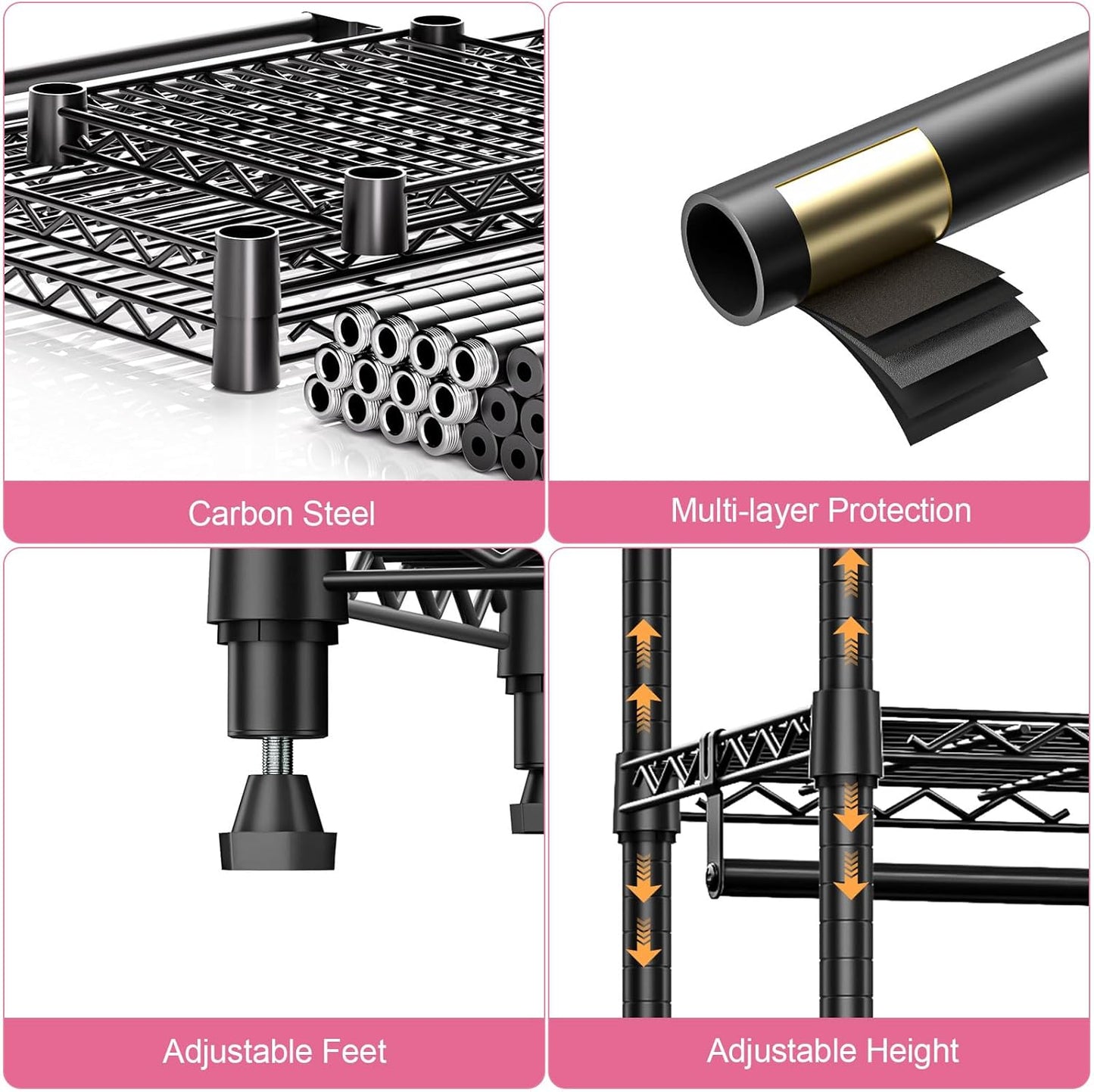 Heavy Duty Rolling Garment Rack 3 Tiers Adjustable Wire Shelving Clothes Rack with 1 Rods and Side Hooks,Storage Closet Clothing Rack Black 15.7" D x 43.3" W x 76.5" H