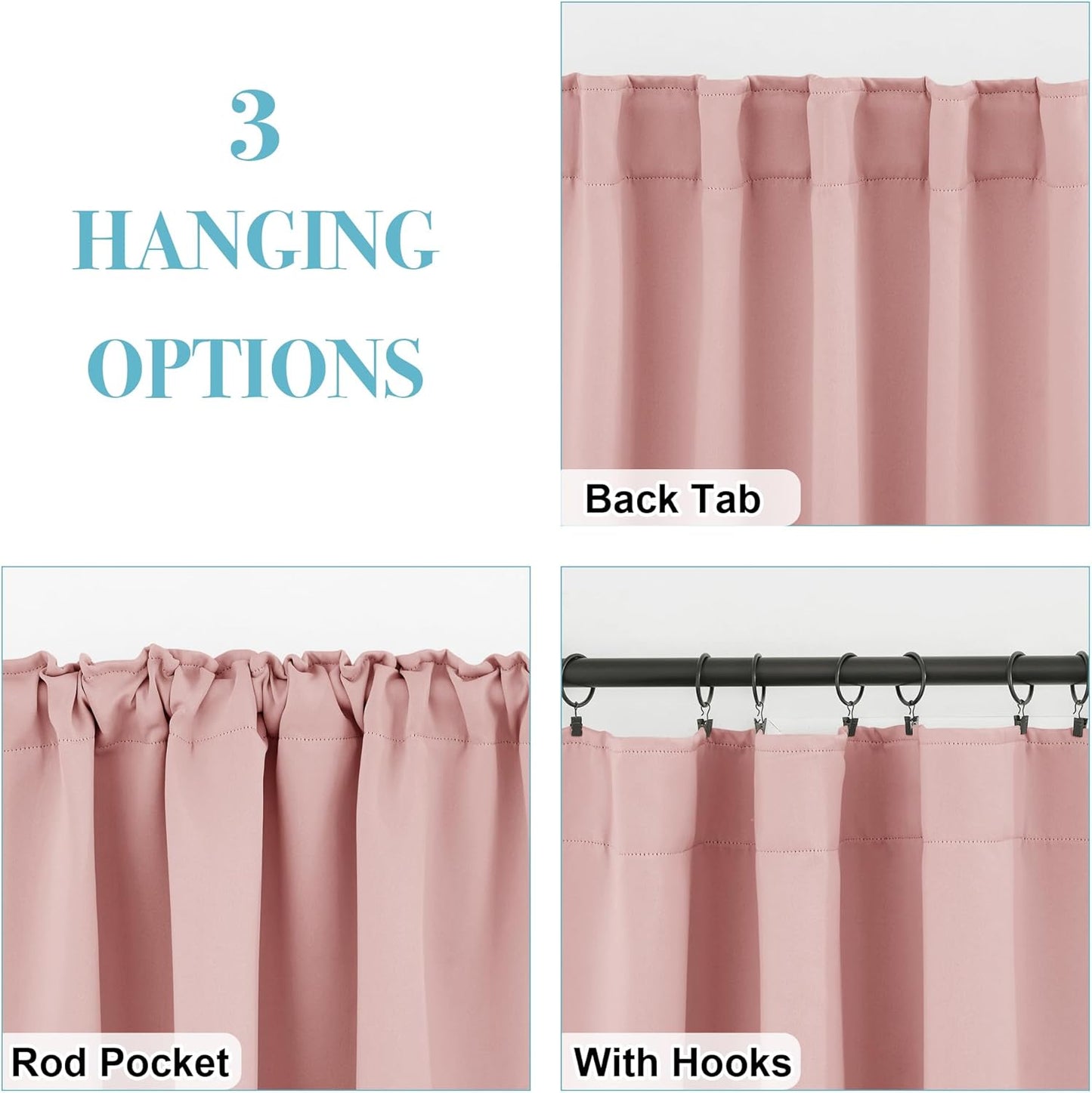 RYB HOME Pink Blackout Curtains for Girls Bedroom 63 inches Long - Thermal Insulated Curtains and Drapes Privacy Shades for Living Room Farmhouse Closet, W42 x L63 inch, 2 Panels