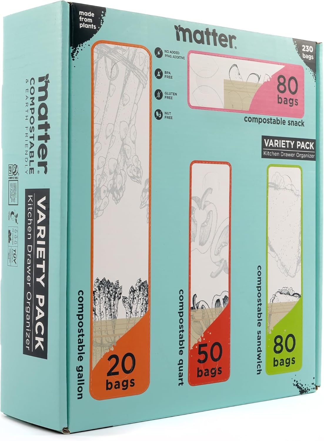 Matter Compostable Assorted Kitchen Bags, 230 Count, Biodegradable, Eco-Friendly Resealable Food Storage Variety Pack, 80 Snack, 80 Sandwich, 50 Quart & 20 Gallon