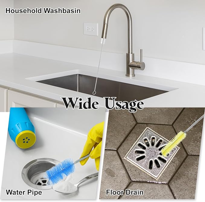 HARFINGTON 3pcs Flexible Long Drain Brush Straw Cleaner Set 61.02" Stainless Steel Double Ended Hose Brush with 8" Nylon Long Tube Pipe Cleaning for Fish Tank Sink Pipe, White