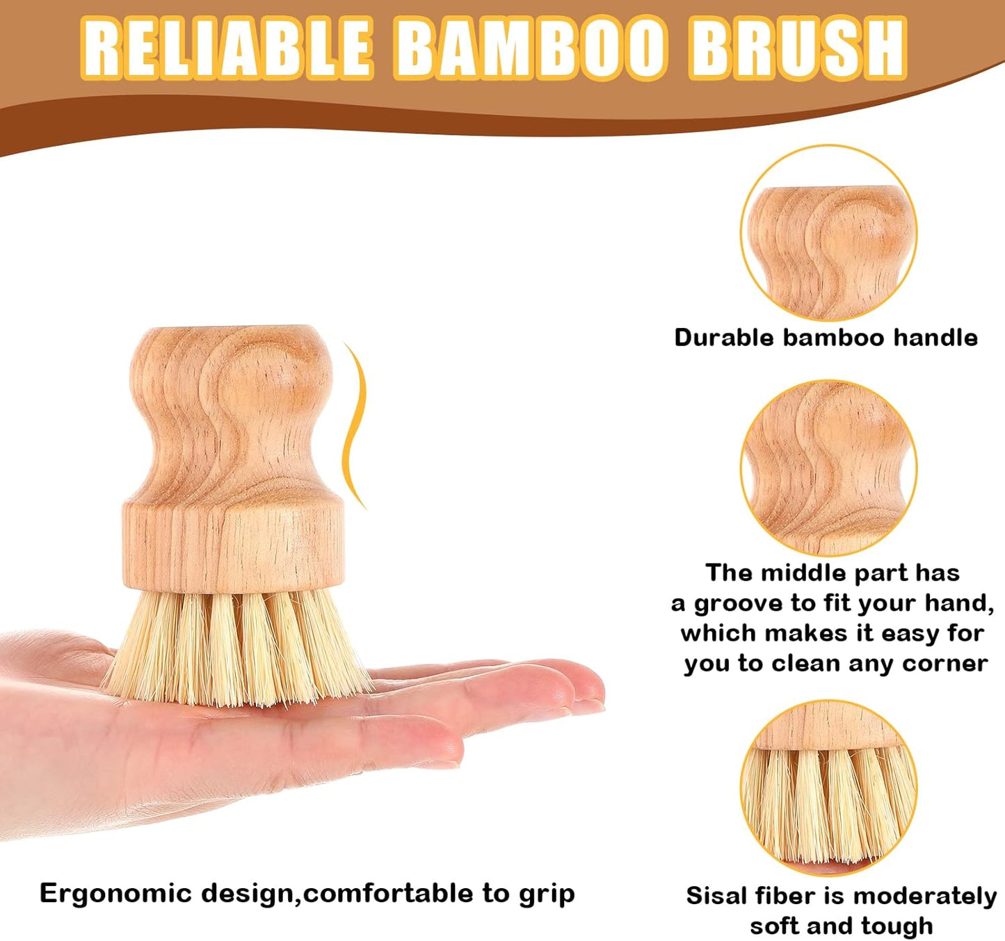 Nuenen 6 Packs Bamboo Dish Scrub Brushes Wooden Scrubbers Set Kitchen Dishwashing Scrubber with Natural Sisal Bristles for Iron Pot Pan Sink