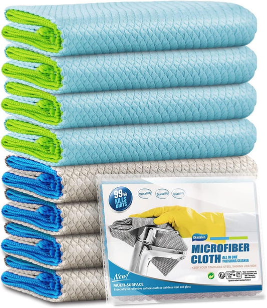 Microfiber Cleaning Cloth Lint Free Glass Cleaner Window Polishing Streak Free Miracle Easy Clean Rag Reusable for Mirror Kitchen Dish Auto Detailing,Pack of 8, 12'' x 16'', Blue and Grey