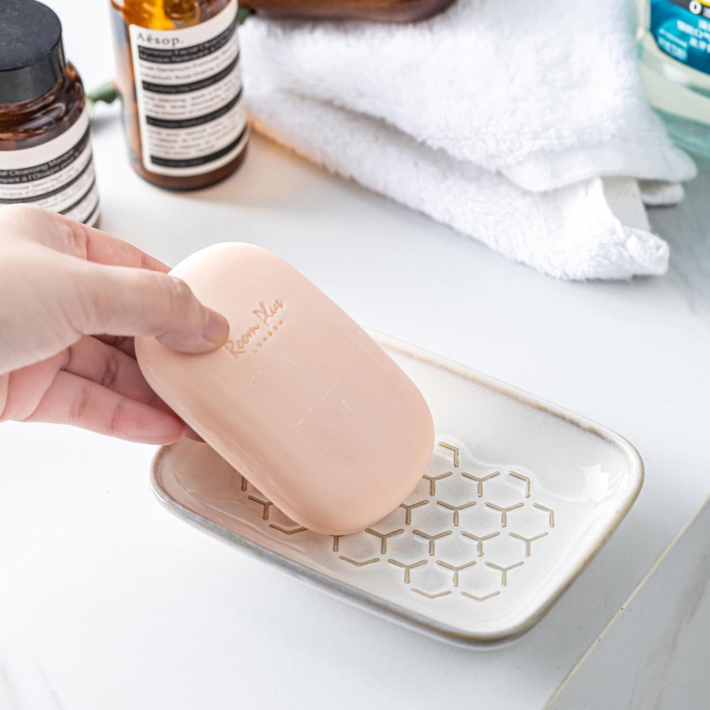 Gomakren Soap Dish for Shower, Bar Soap Holder, Ceramic Soap Dishes for Bar Soap, Sponge Holder Soap Saver Soap Tray for Bathroom Kitchen Sink, 5.5 Inch, Beige