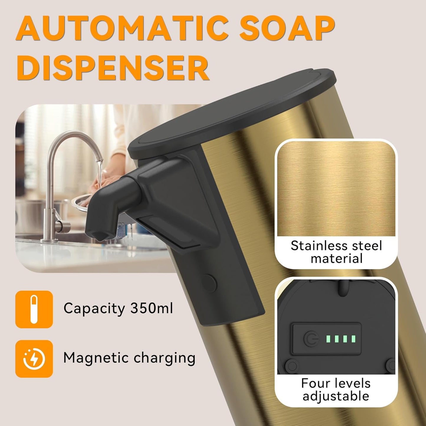 Automatic Soap Dispenser,Stainless Steel Material, Rechargeable Touchless Hand Sanitizer Pump,4 Adjustable Levels Smart Electric Dispenser,Suitable for Bathroom,Kitchen (Gold)