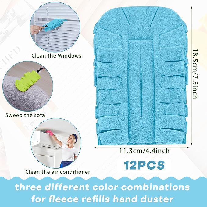 Zubebe 12 Pcs Duster Refill Reusable Fleece Duster Refills Feather Flat Dusters Multi Surface Washable Cleaning Pads Tools for Home, Blinds, Car, Pet, Furniture, Fans (Blue,Green,Grey)