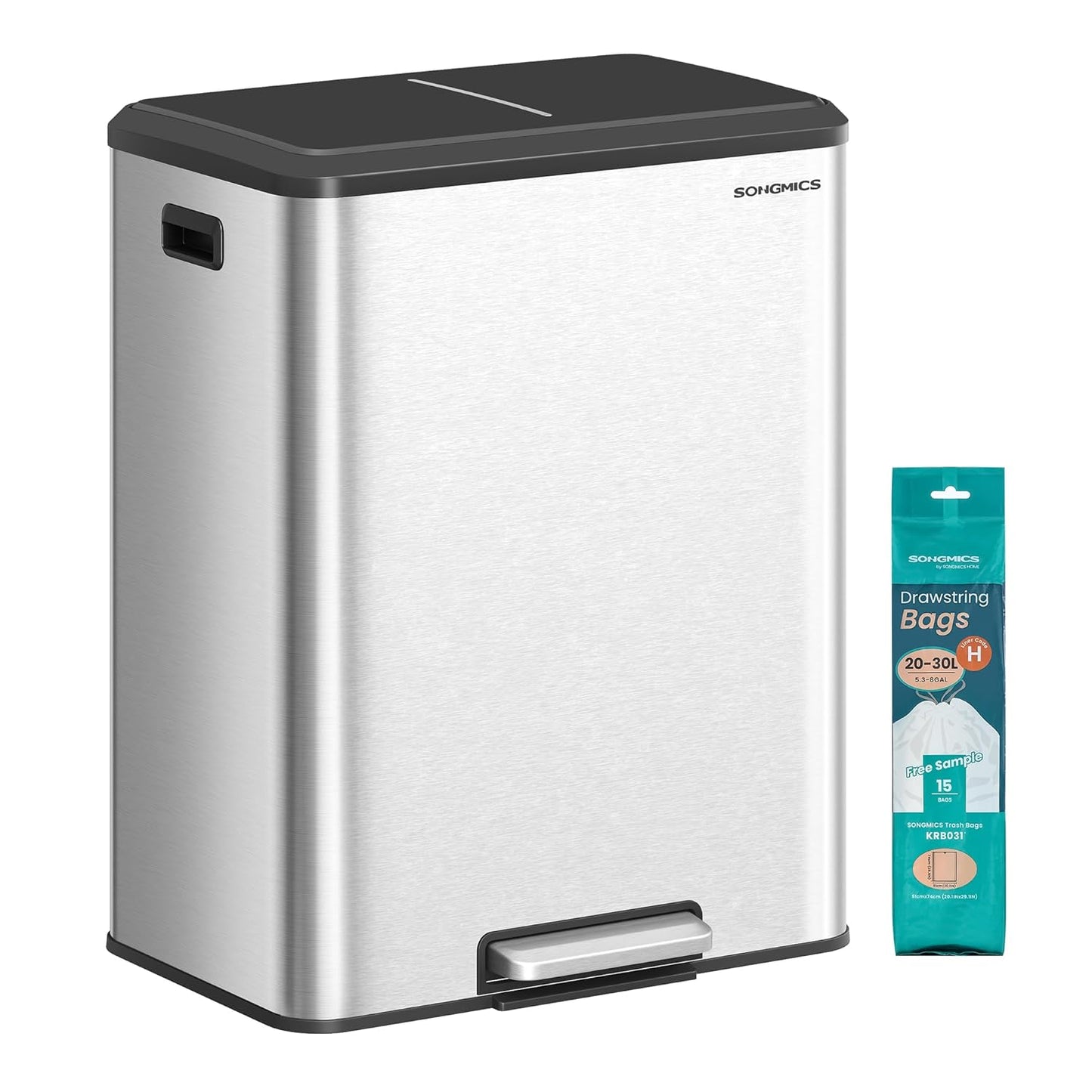 SONGMICS Trash Can, 2 x 8 Gallon (2 x 30 L) Double Garabge Can for Recycling and Waste, Stainless Steel, Soft-Close Lid, Inner Buckets, Wide Sturdy Pedal, Metallic Silver ULTB556E01