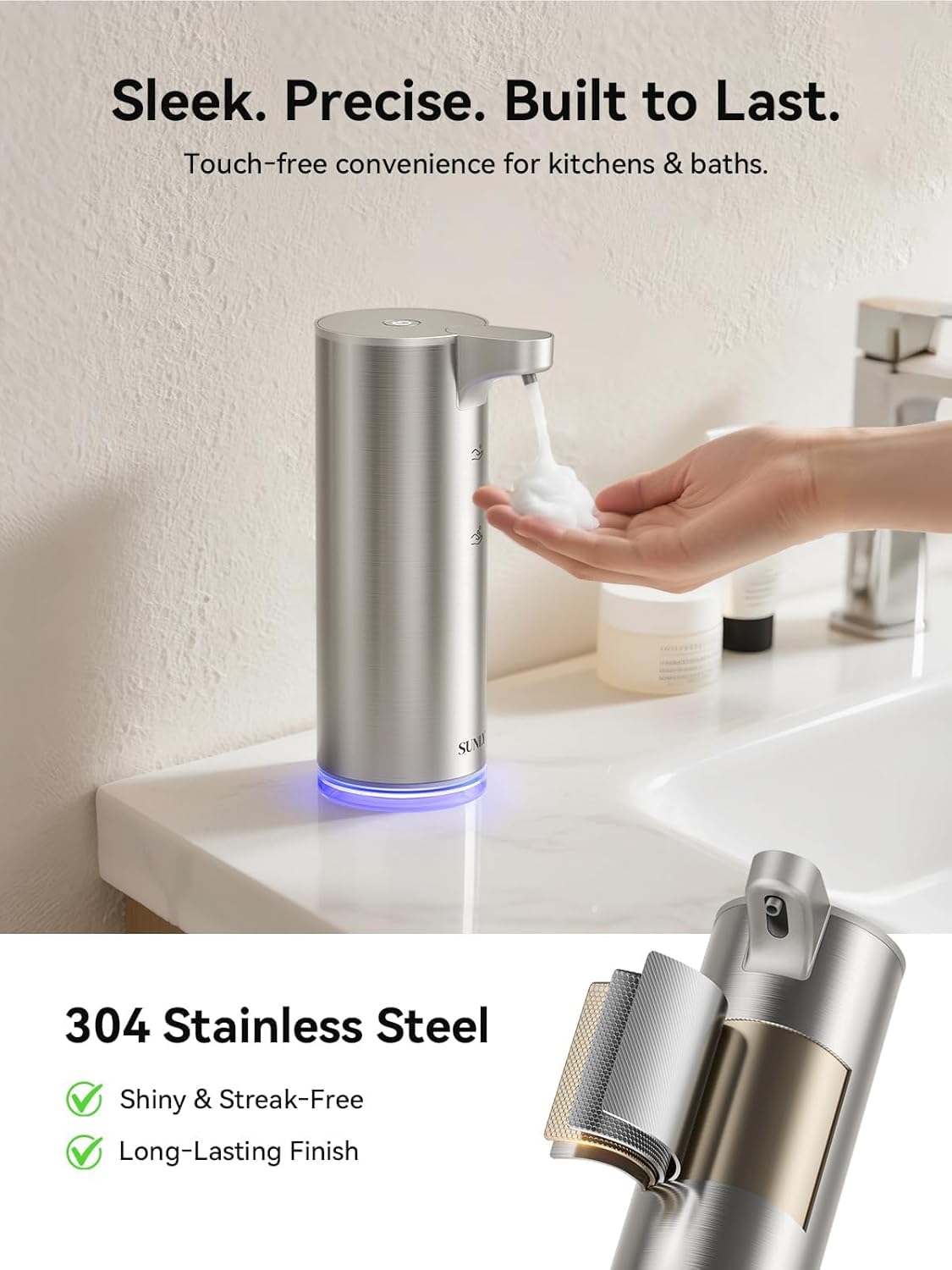 SUNLY Automatic Foam Soap Dispenser, 0.2s Fast Sensor, USB-C Rechargeable, Smudge-Resistant Stainless Steel, Touchless Liquid & Foaming Soap Dispenser for Bathroom, Kitchen, Hotel, Silver