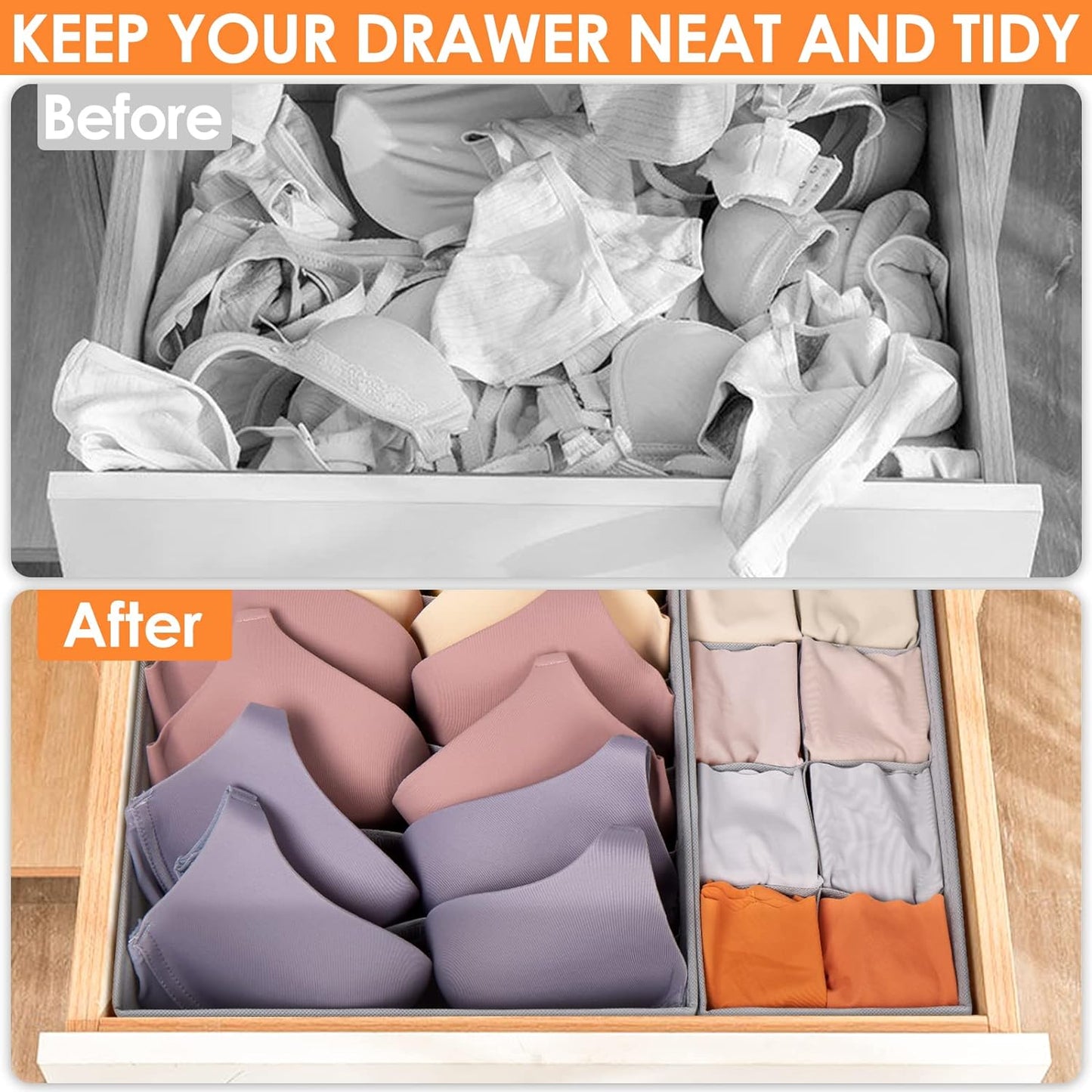 6 Pack Sock Underwear Drawer Organizer Dividers, 58 Cell Foldable Fabric Dresser Closet Organizers and Storage Bins for Clothing, Baby Clothes, Bra, Panty, Scarf, Ties (Grey)