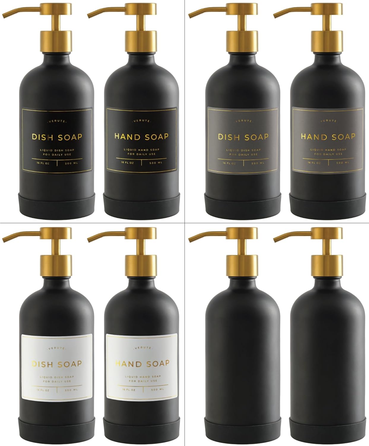 16oz Glass Soap Dispenser with Stainless Steel Pump, 21 Waterproof Labels, Non-Slip Protective Silicone Pad, Set of 2 for Bathroom & Kitchen (Matte Black Bottle/Brushed Gold Pump)