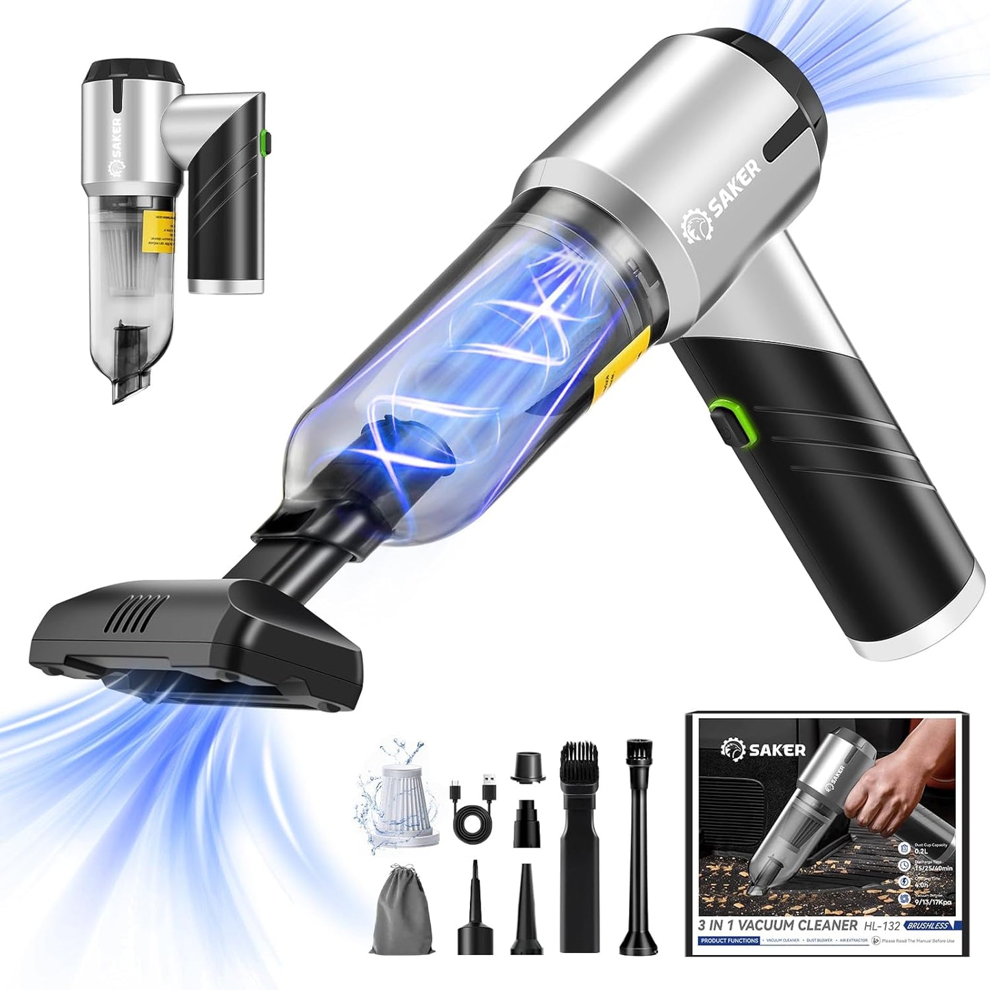 Saker Handheld Car Vacuum Portable Cordless17000PA Mini Vacuums Rechargeable Foldable Vacuum Cleaner with Brushless Motor for Home,Office Pet HL132 Black