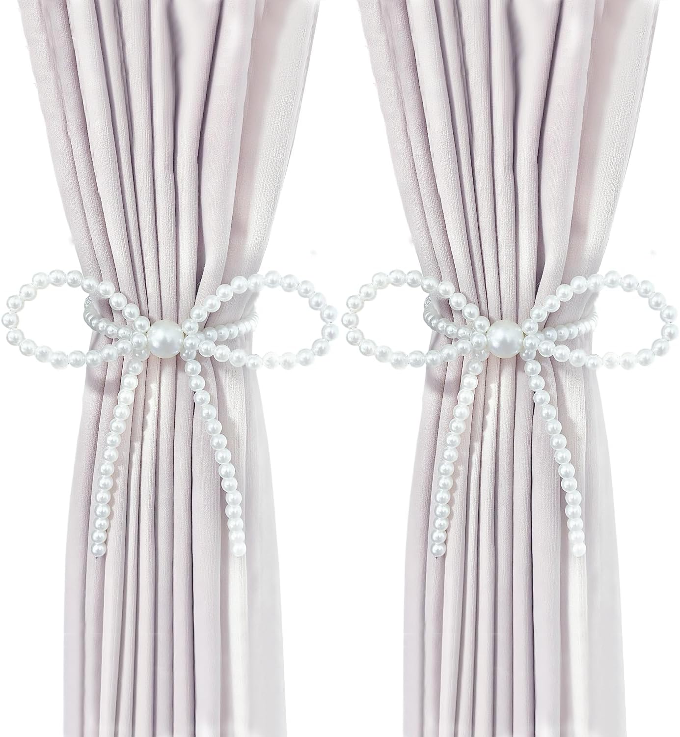 Magnetic Tiebacks for Curtains, 2 Pack Bow Pearl Curtain tiebacks Curtain Buckle Clips with High-Elastic Spring Wire,Curtain Holders for Wall,Drapery tiebacks,Curtain Ties (2pcs Bow)