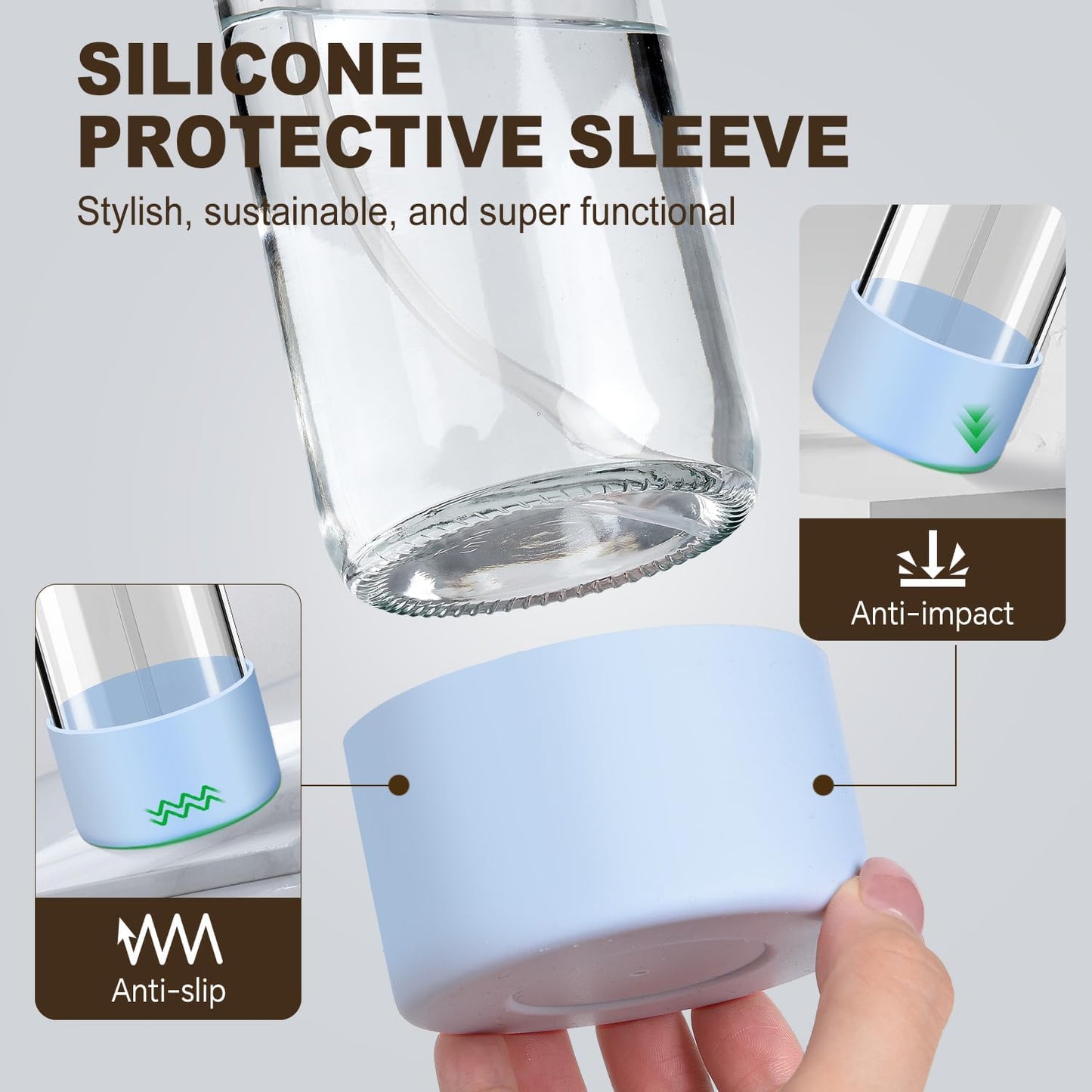 Glass Spray Bottles with Silicone Sleeves (2 Pack, 16 oz), Mist and Stream Empty Refillable Containers, Water Sprayer Misting Bottle for Cleaning Solutions, Planting, Hair Spraying, Green & Grey