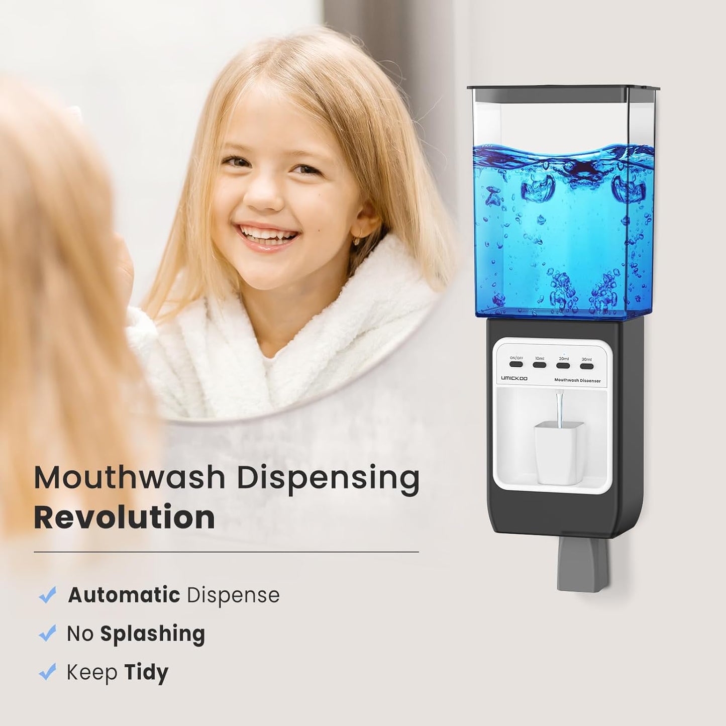 Auto-Mouthwash Dispenser for Bathroom - 700mL Rechargeable Wall-Mounted with 2 Magnetic Cups, 3 Smart Levels, No-Drill Installation for Kids & Adults (12-Month Battery)