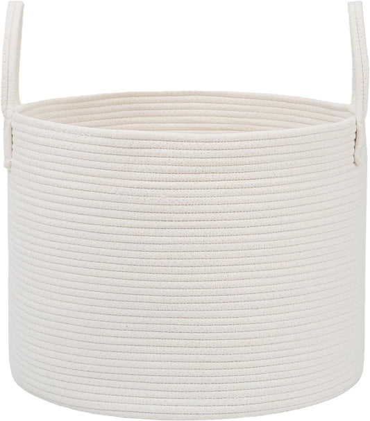 Woven Blanket Basket,115L Large Rope Storage Bin with Handles, Organizer for Blankets Toys Book and Clothes, Laundry Basket for Living Room Bedroom Nursery,White