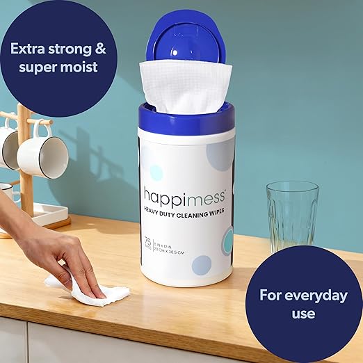happimess WPE1001A-2SET Heavy Duty Cleaning Wipes, Multi-Purpose Multi-Surface Household Wipes, Extra Strong Cleaner for Kitchen, Bathroom, and Pet Messes, Unscented, 150 Count (2 Packs of 75)