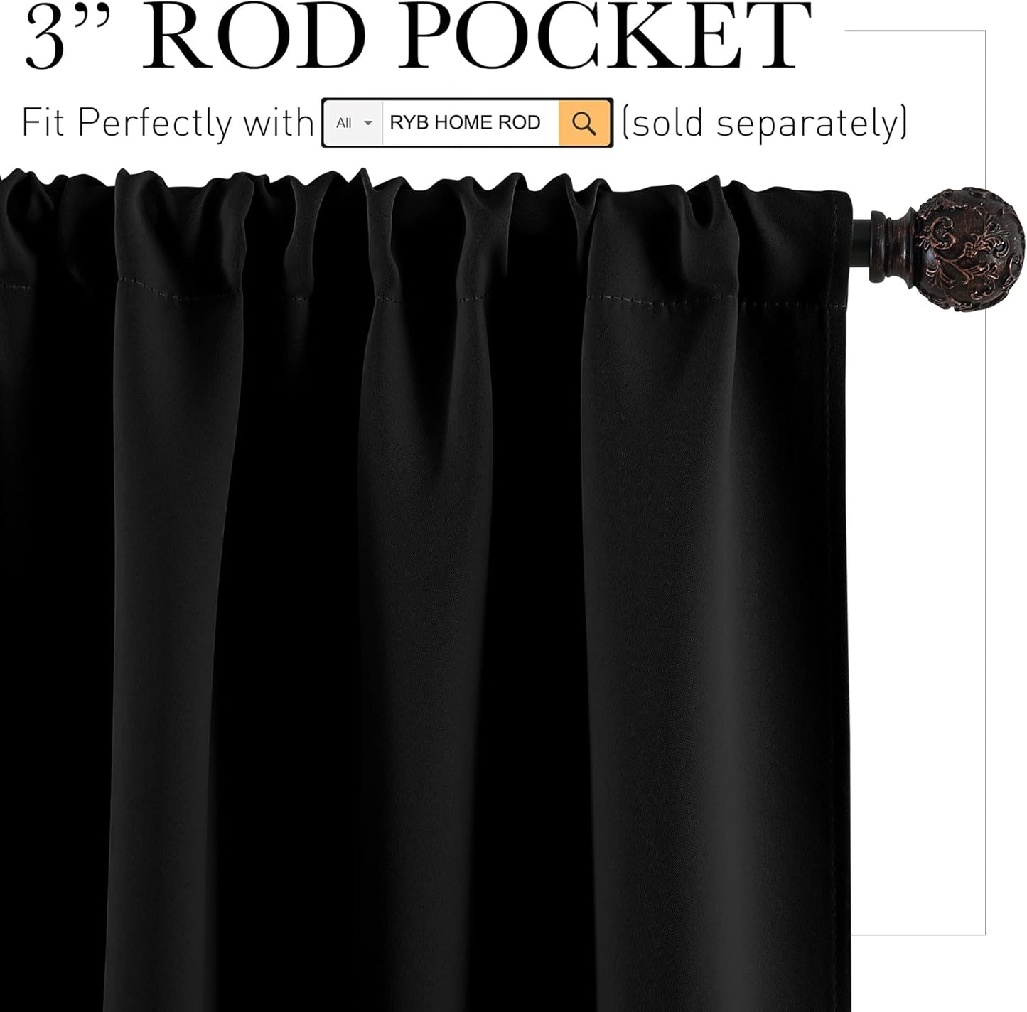 RYB HOME Black Curtains Blackout - Bathroom Small Window Curtains Thermal Insulated Privacy Drapes for Kids Bedroom Living Room Kitchen Basement, Width 42 by Length 36, 1 Pair