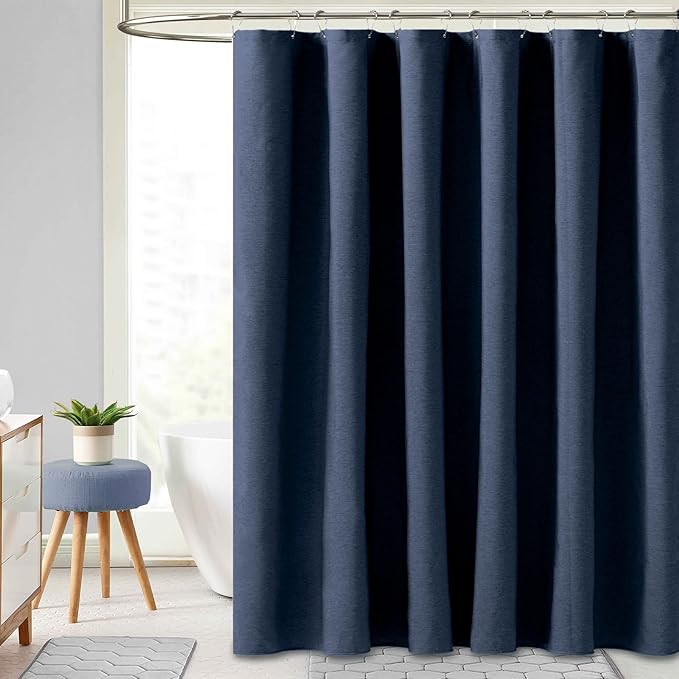 BTTN Extra Long Shower Curtain - 72x84 Inch Long Linen Textured Heavy Duty Fabric Shower Curtain Set with 12 Plastic Hooks, Tall Luxury Simple Waterproof Cloth Shower Curtains for Bathroom, Navy Blue