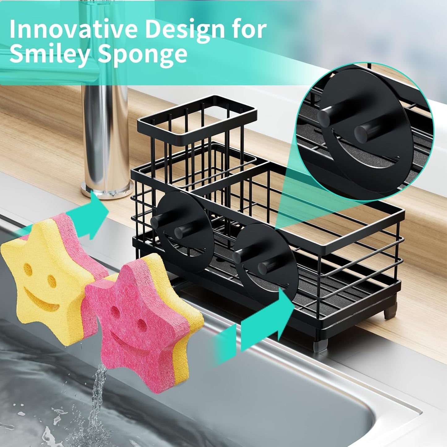 HapiRm Sink Caddy Sponge Holder - Self-draining Kitchen Sink Organizer with Smiley Face and Brush Holder, Stainless Steel Kitchen Sponge Caddy for Countertop - Black