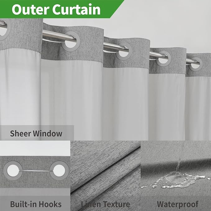 Stall No Hooks Needed Linen Textured Shower Curtain with Snap-in Fabric Liner Set,Hotel Luxury Decor Farmhouse Shower Curtains for Bathroom,Waterproof & Washable,54Wx80H,Grey/Gray